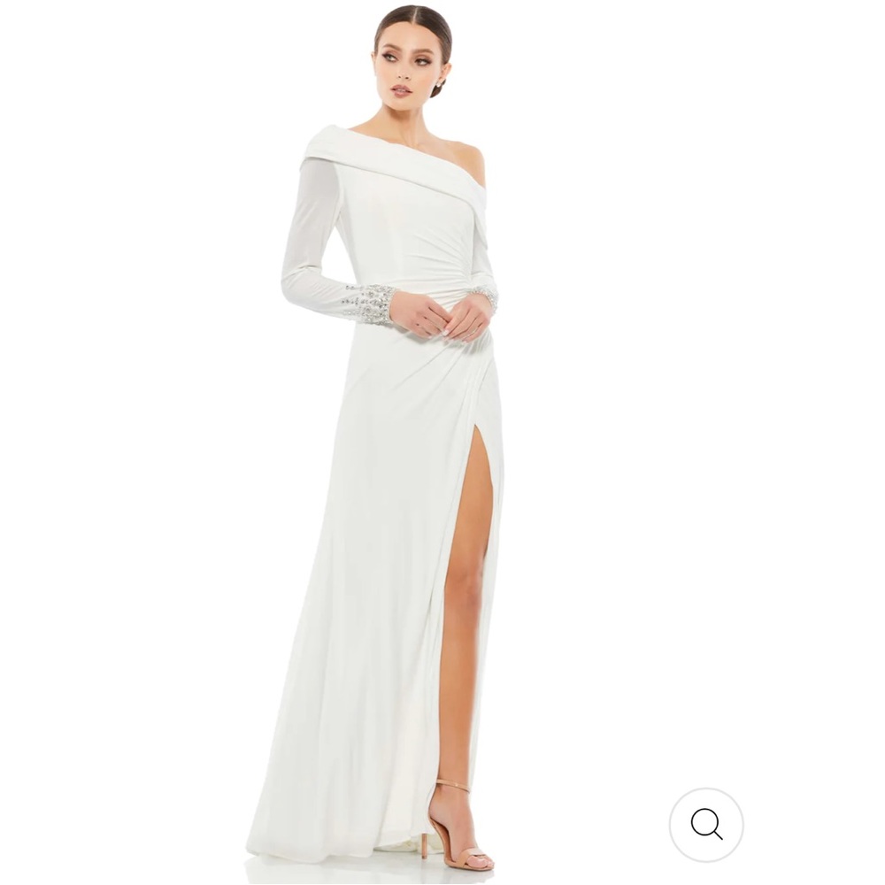 Mac Duggal beaded cuff drop shoulder faux wrap gown